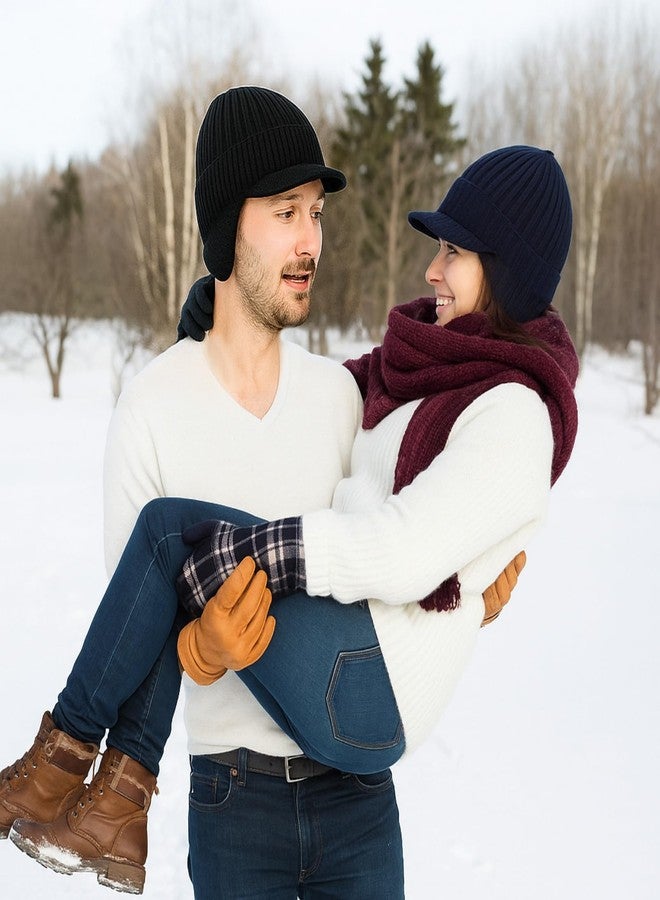 Simlakey 2 Pcs Winter Hats with Brim and Ear Flap Fleece Winter Beanie Hat Outdoor Warm Lined Knit Hat for Men Women(Black, Navy Blue) - Image 3